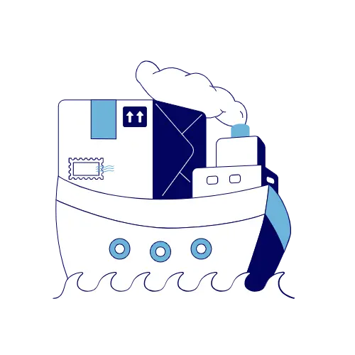 A ship carrying a package and an envelope, sailing on waves with smoke from its chimney